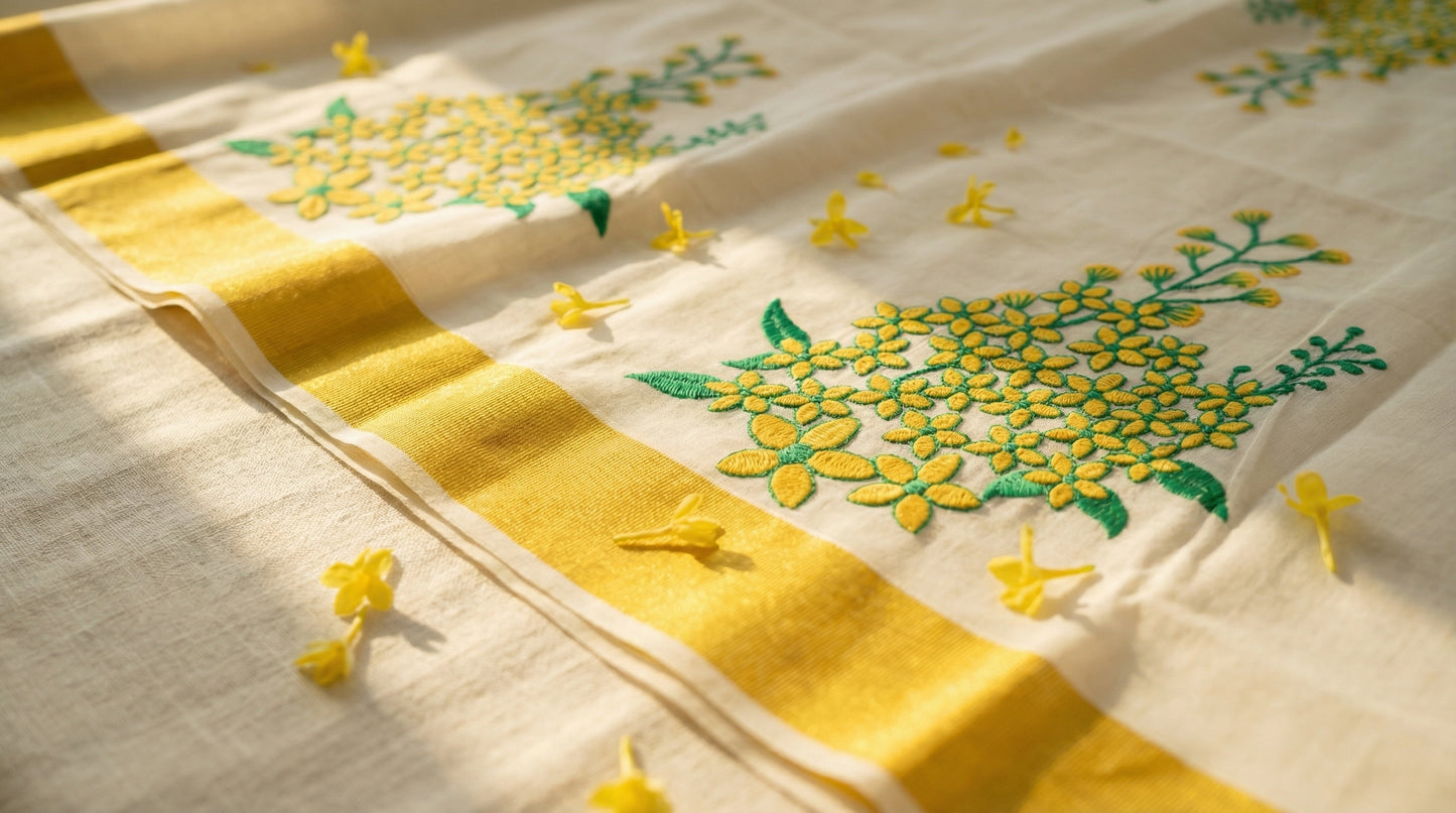 Vishu Special Golden Kanikkonna Kasavu Saree