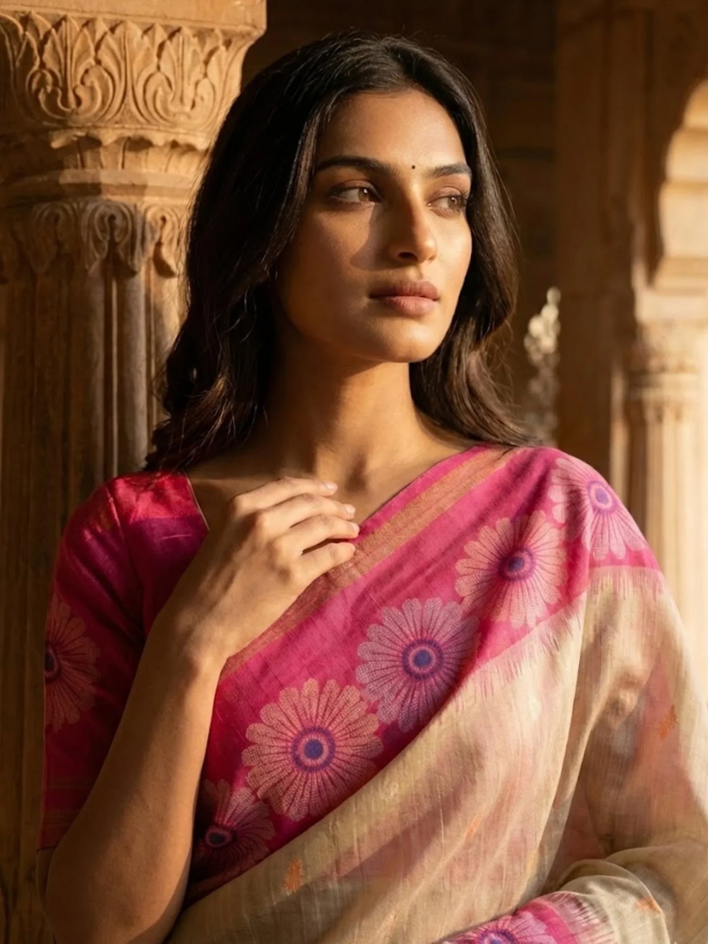 Woman wearing a pink saree with floral patterns in an architectural setting