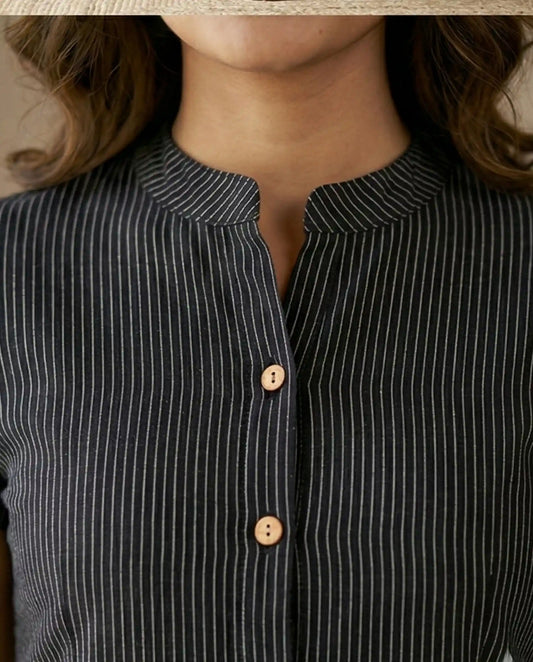 Charcoal Striped Cotton Kurti Set with Straight Pants - Short Sleeves