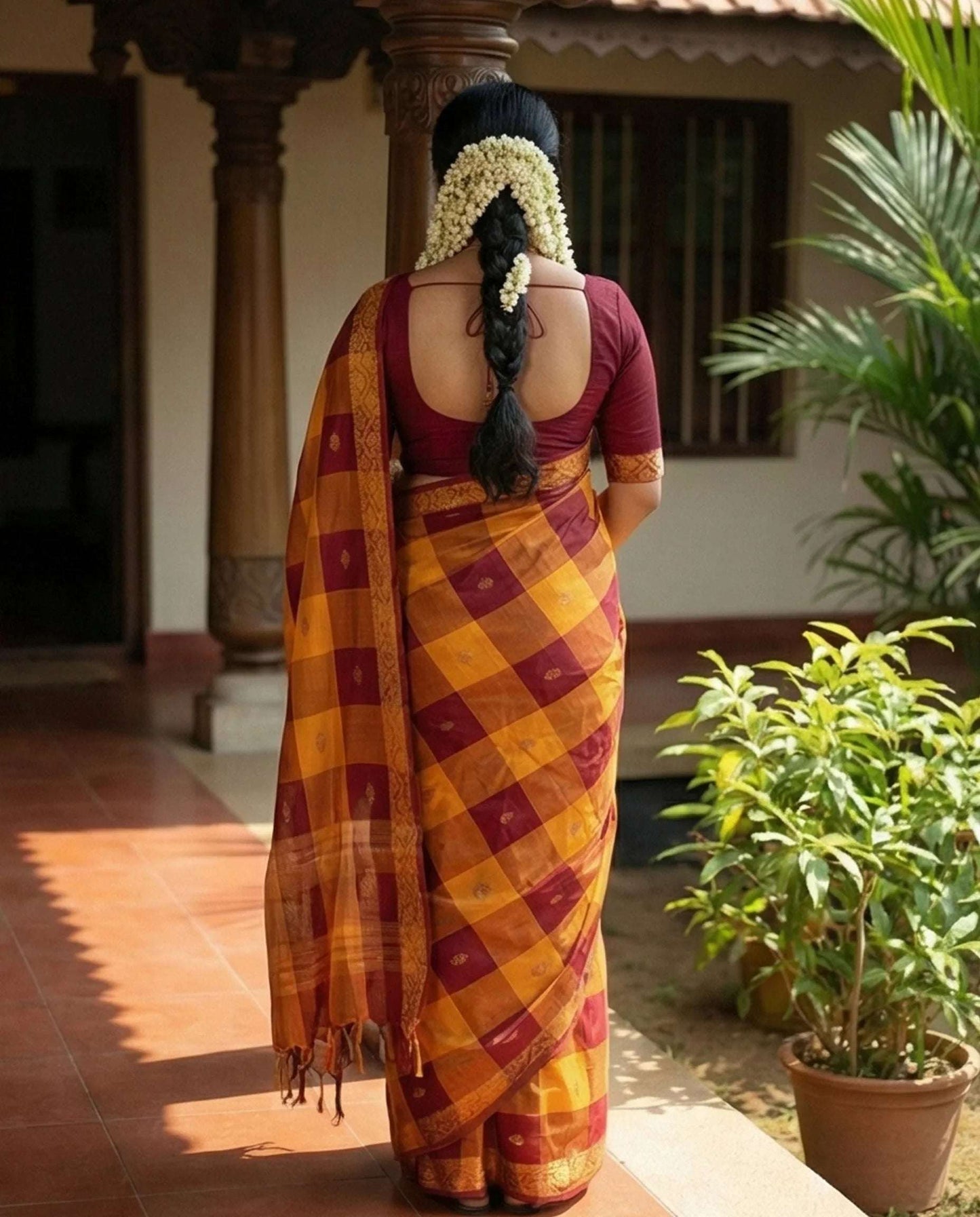 Traditional Maroon and Mustard-Yellow Checkered Saree with Gold Floral Motifs