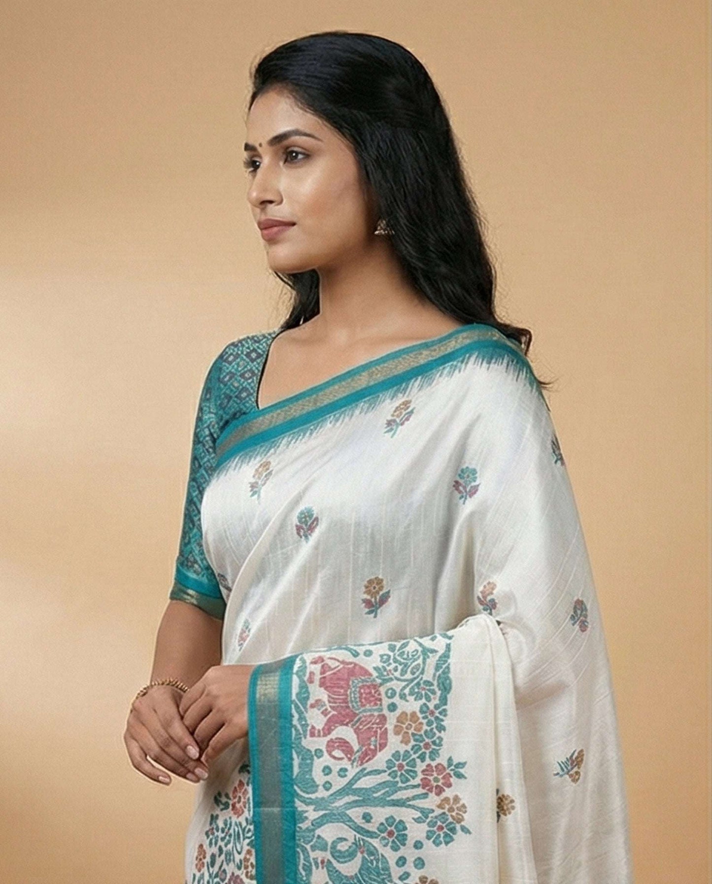 Elegant Off-White Milky Silk Saree with Teal Elephant Motif Border & Pallu