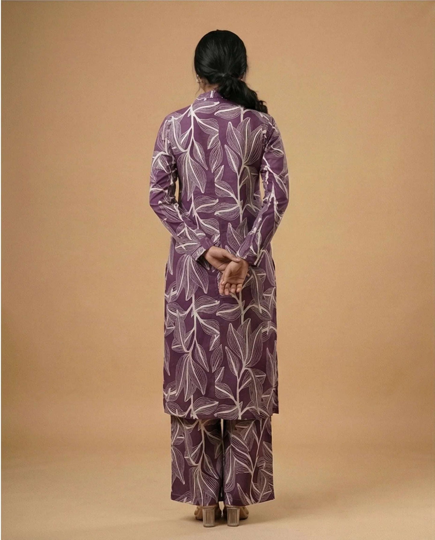Deep Purple Leaf Print Co-ord Set with Longline Tunic