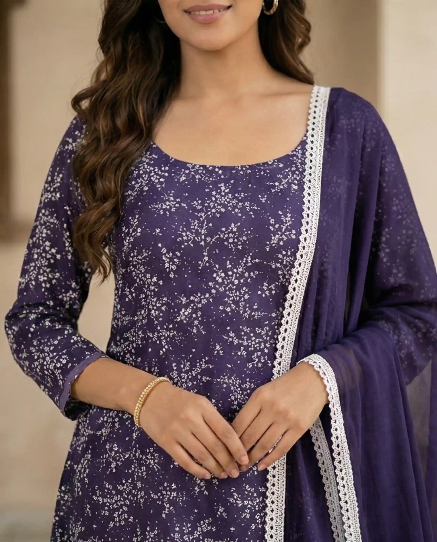 Purple Floral Polycotton Kurti Set with Chevron Pants & Lace Dupatta