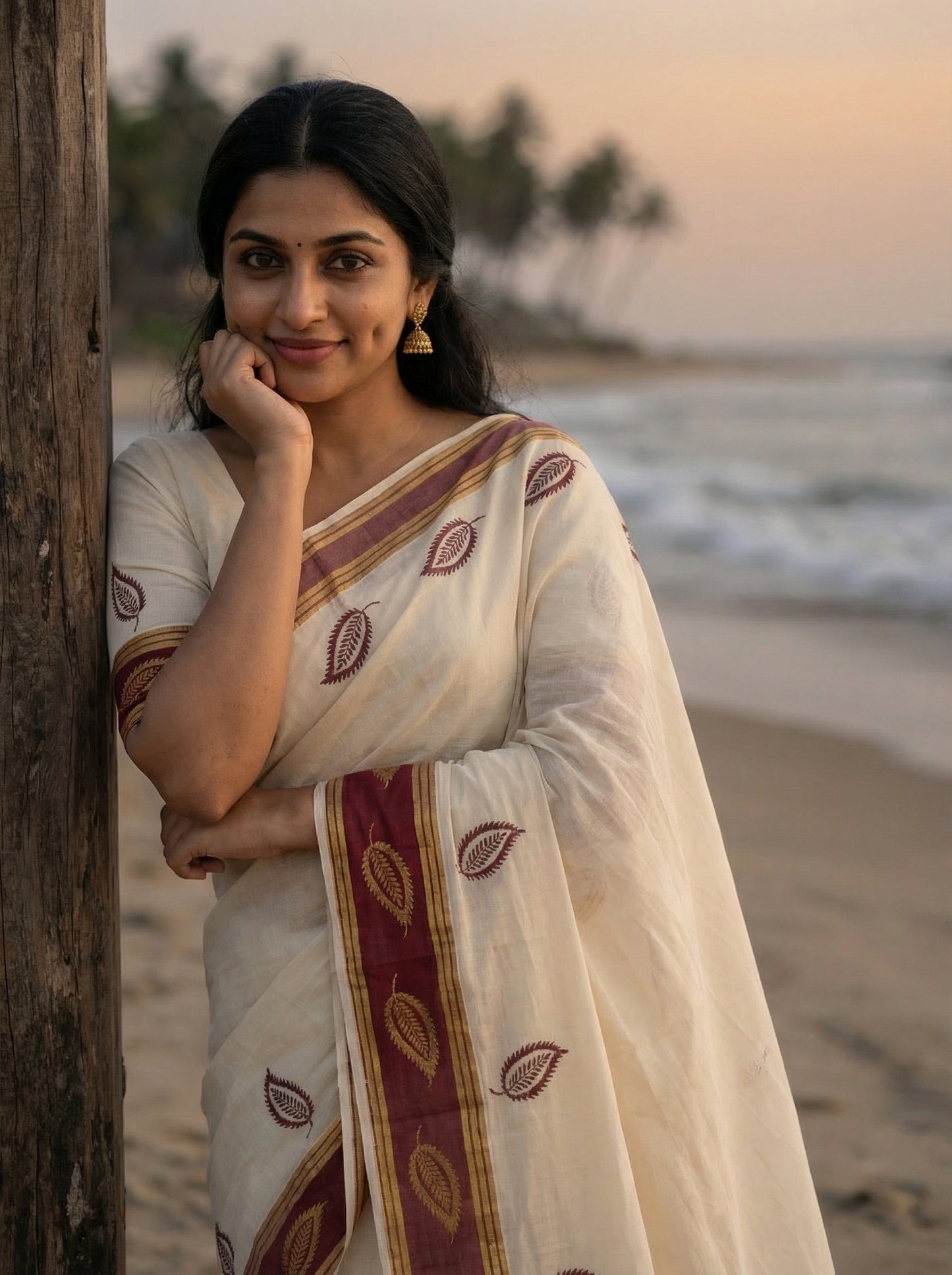 Traditional Kerala Set Mundu - Off-White with Maroon & Gold Zari Leaf Border