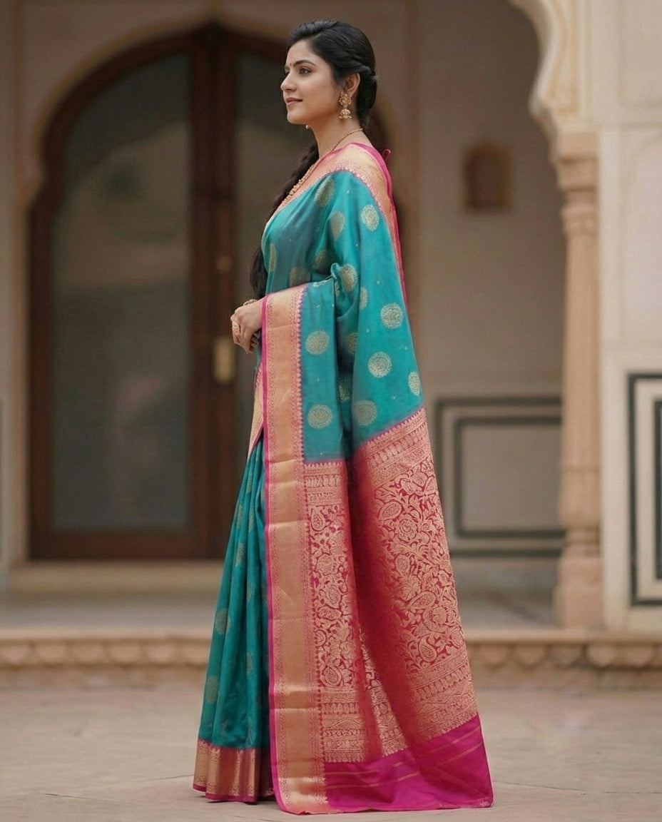 Elegant Teal Blue Silk Saree with Contrast Pink Border & Intricate Gold Zari Work