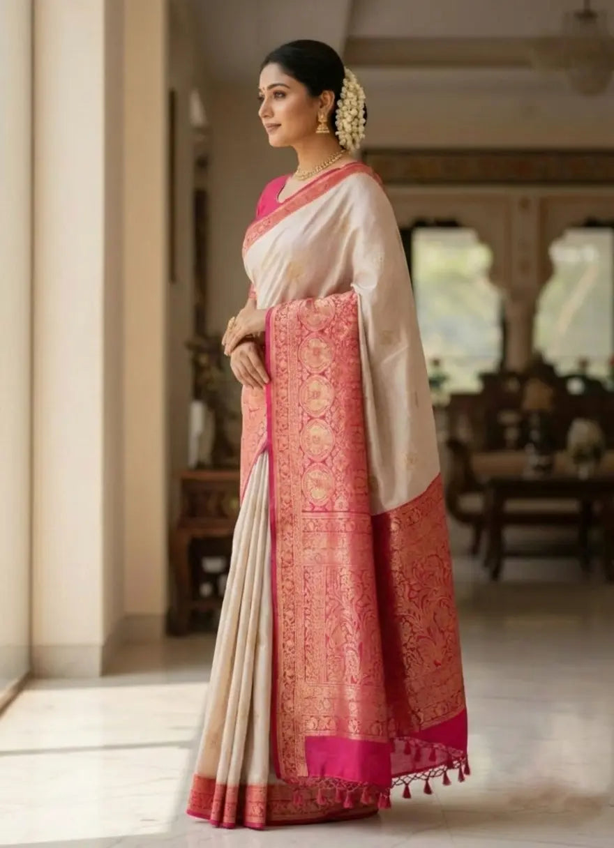 Elegant Cream & Fuchsia Pink Silk Saree with Intricate Gold Zari Work