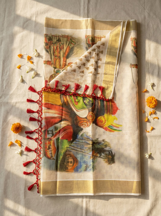 Kerala Heritage Mural Print Kasavu Sari