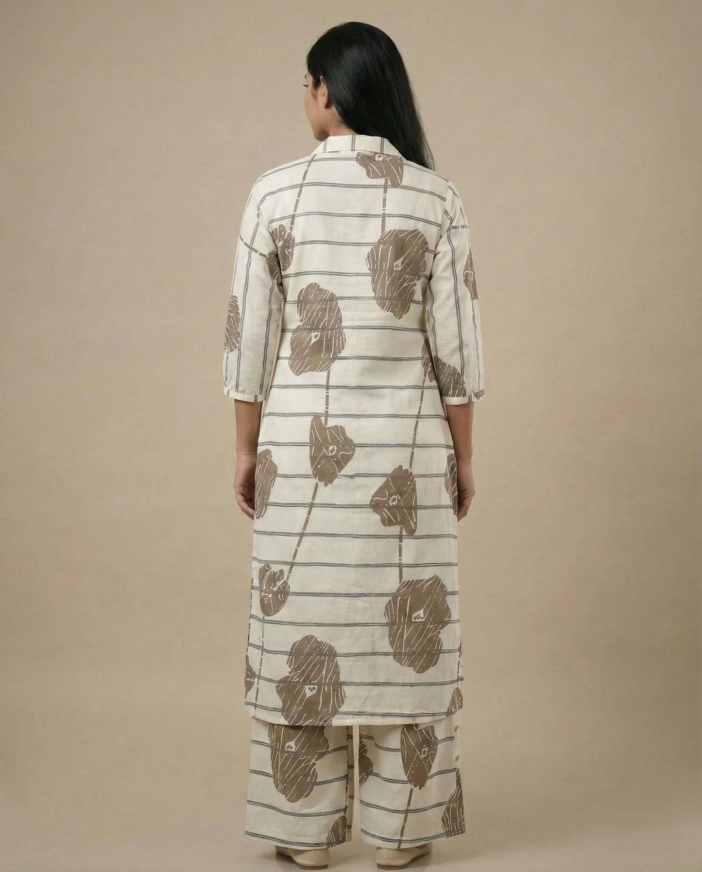 Cream Striped Co-ord Set with Abstract Leaf Print