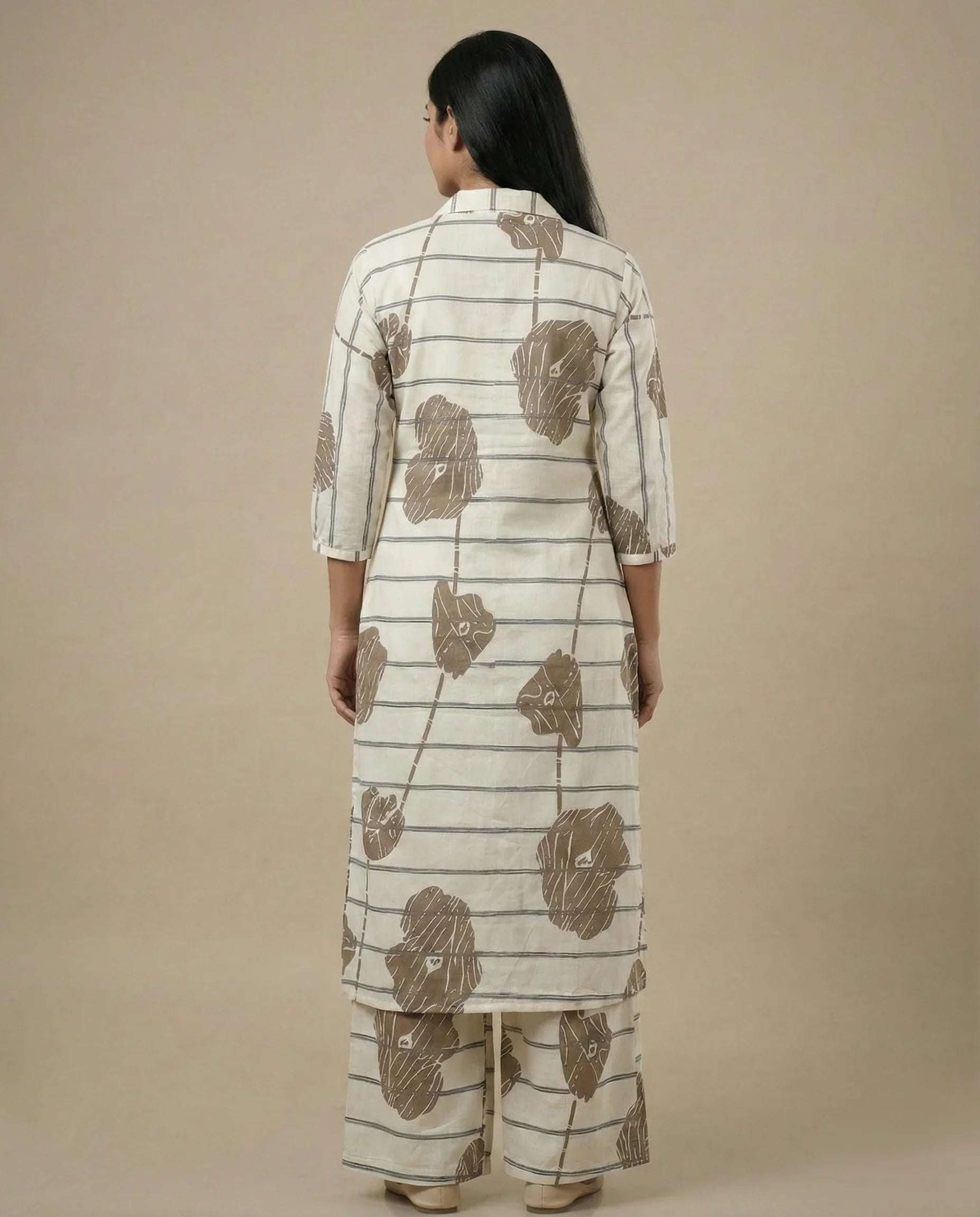 Cream Striped Co-ord Set with Abstract Leaf Print