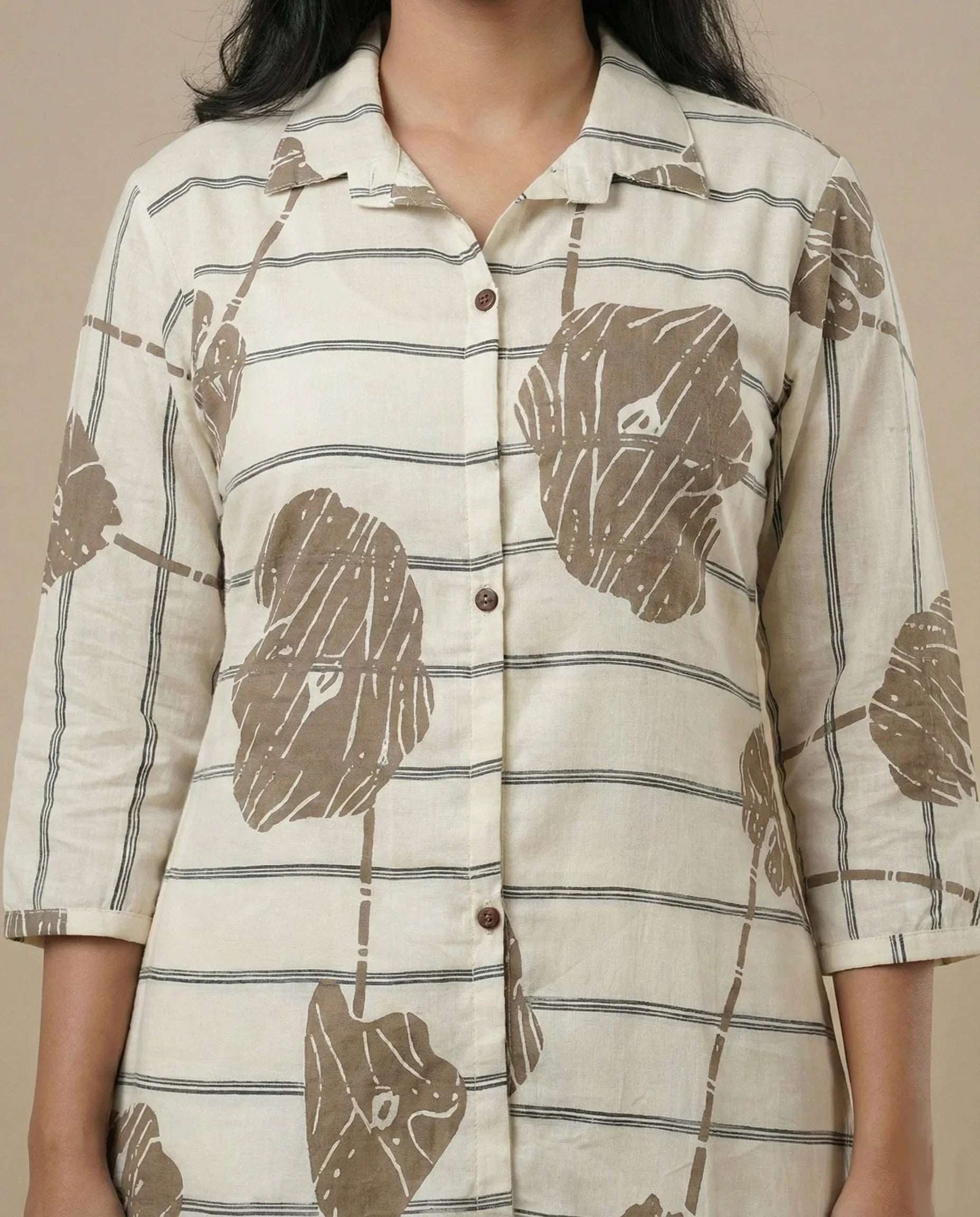 Cream Striped Co-ord Set with Abstract Leaf Print