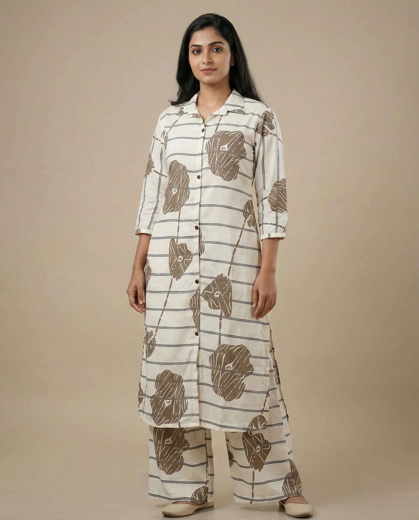 Cream Striped Co-ord Set with Abstract Leaf Print