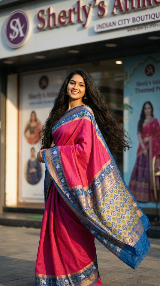 Azure Blue Fuschia Patola Silk Saree
