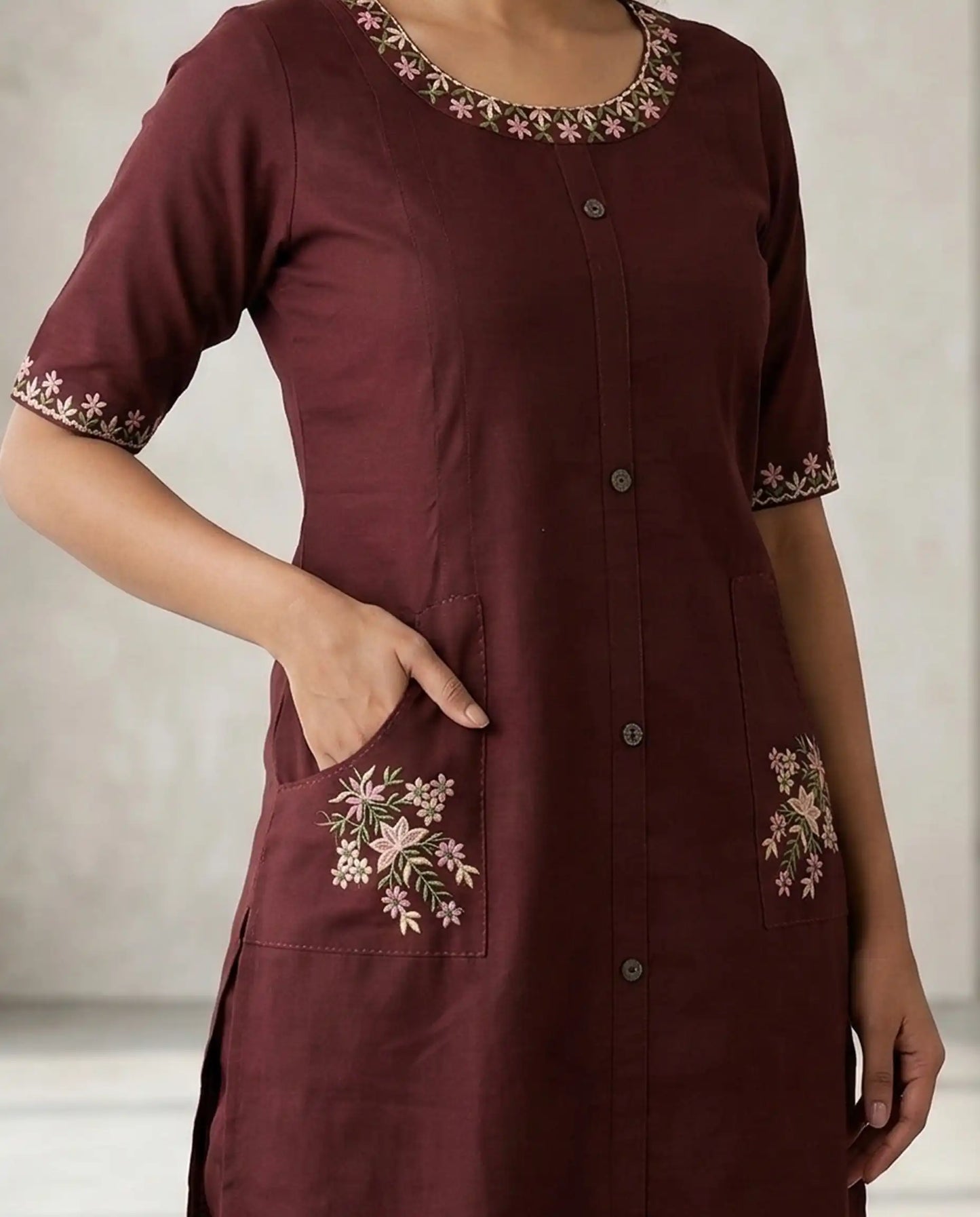 Maroon Floral Embroidered Kurti Set