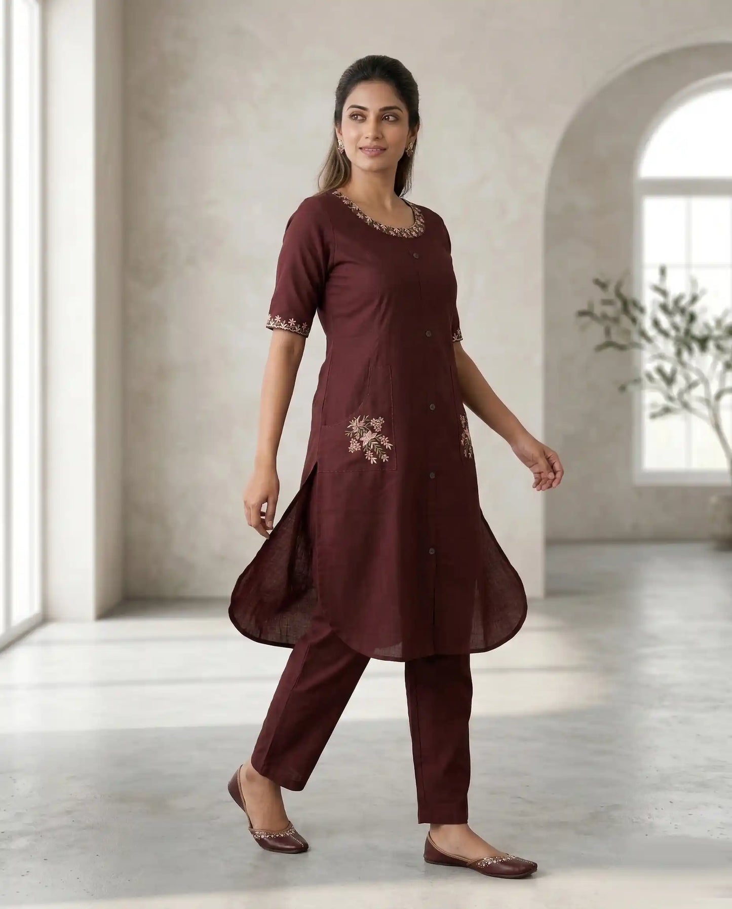 Maroon Floral Embroidered Kurti Set