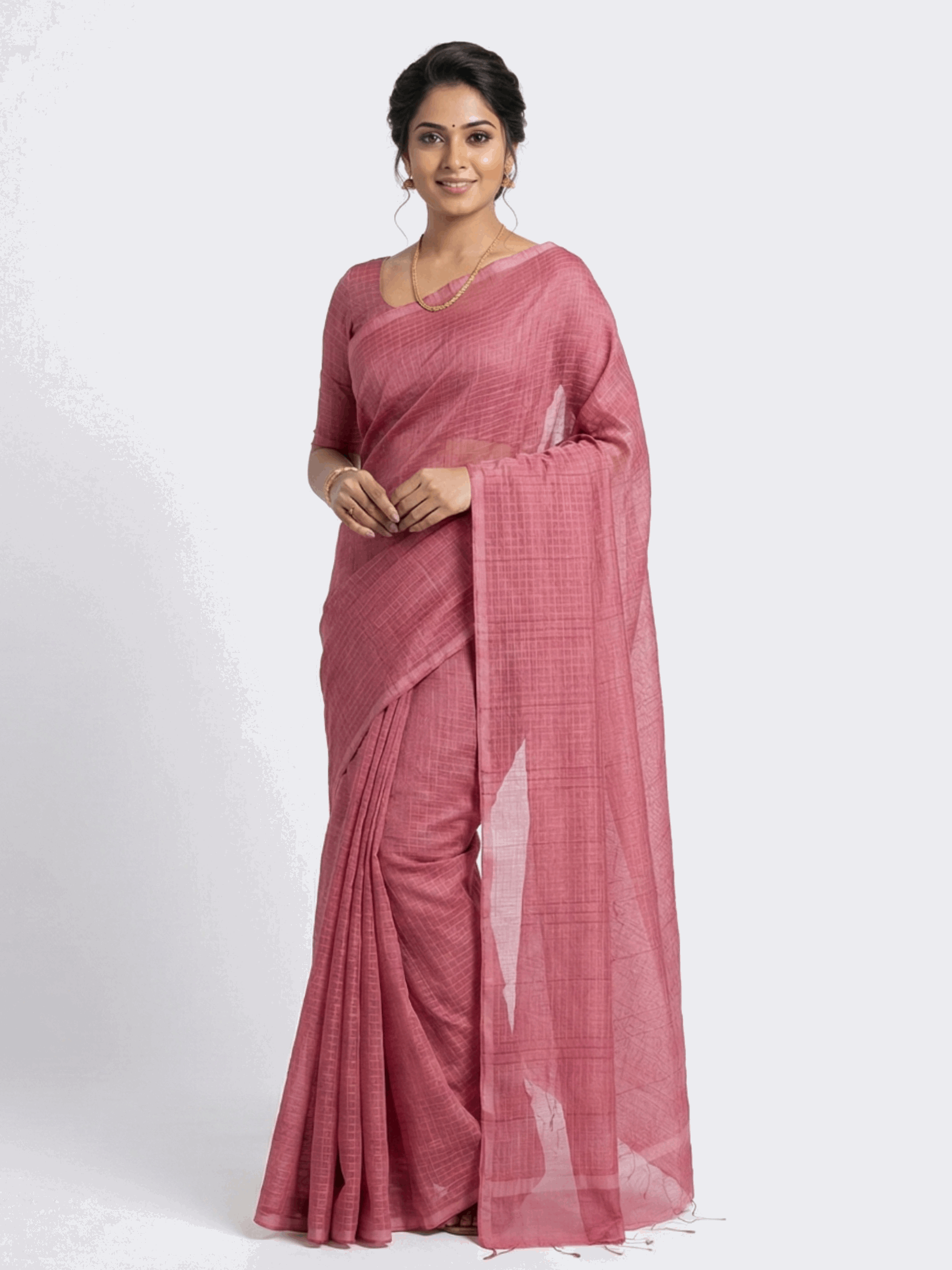 Elegant Onion Pink Handloom Cotton Saree with Subtle Grid Texture