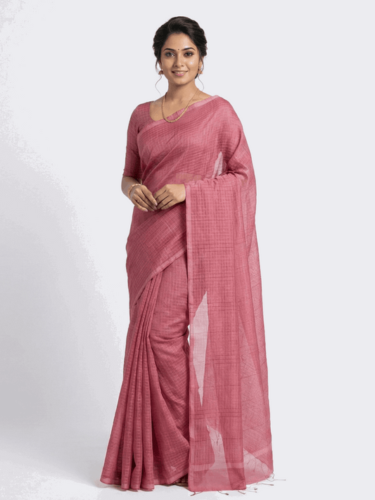 Elegant Onion Pink Handloom Cotton Saree with Subtle Grid Texture