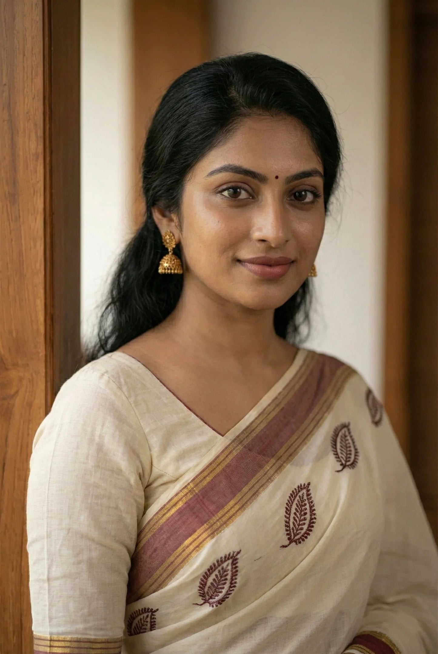 Close-up texture shot of Kerala Set Mundu fabric showing the detailed maroon leaf print and golden zari border design on off-white cotton material.
