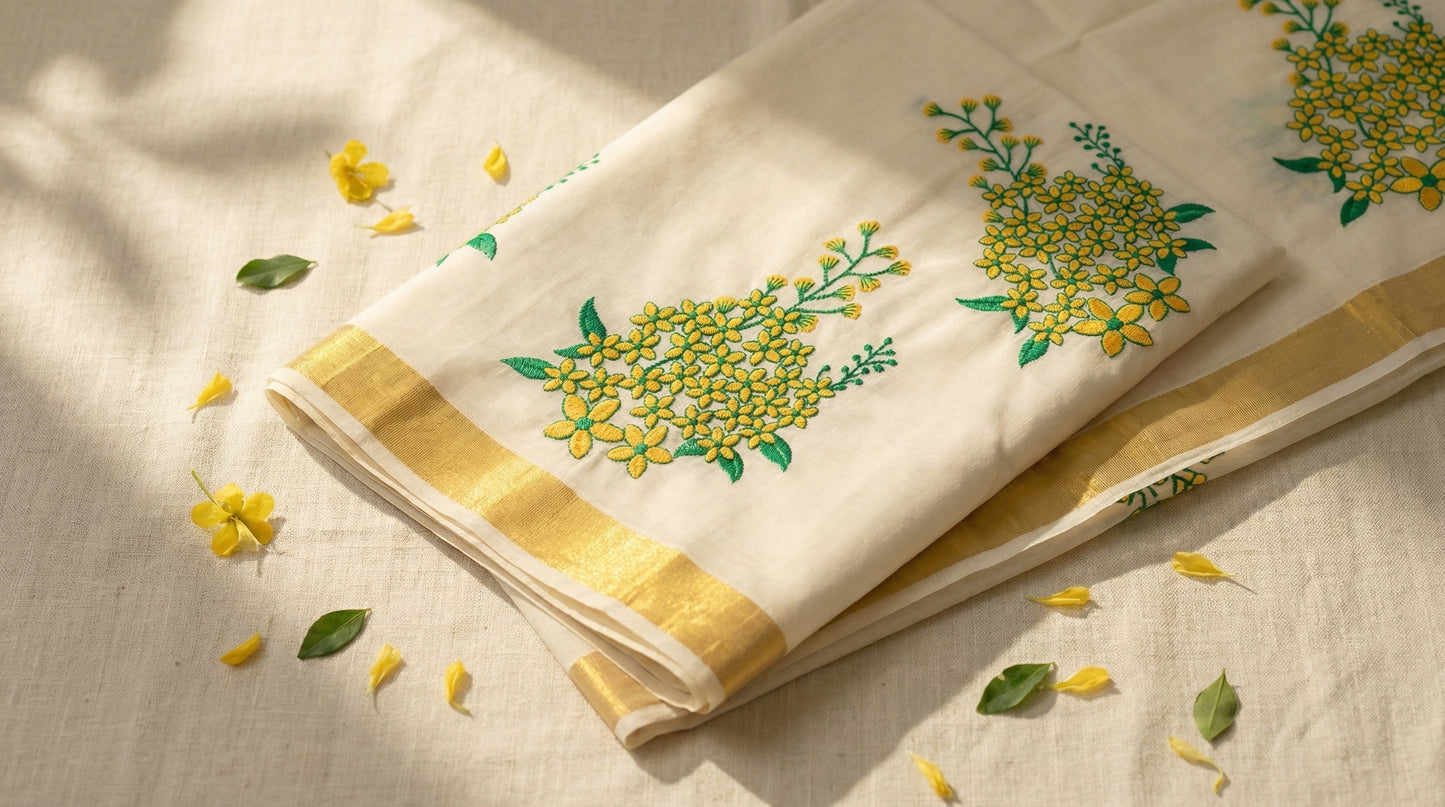 Vishu Special Golden Kanikkonna Kasavu Saree