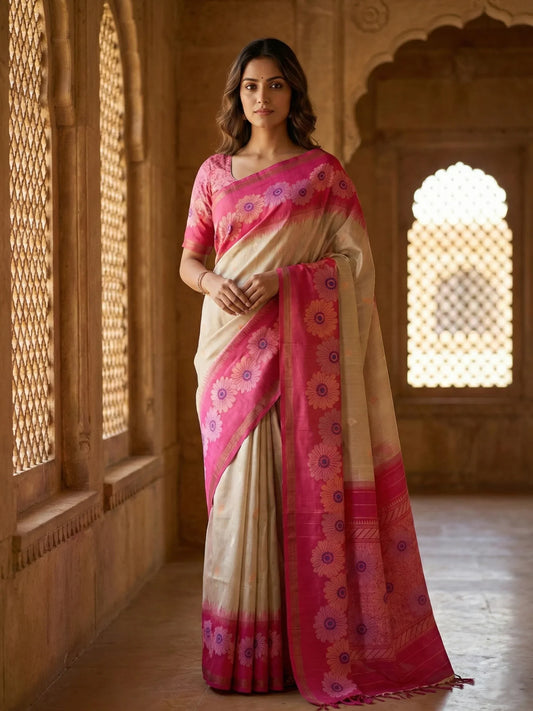 Woman wearing a pink and beige saree in an architectural setting
