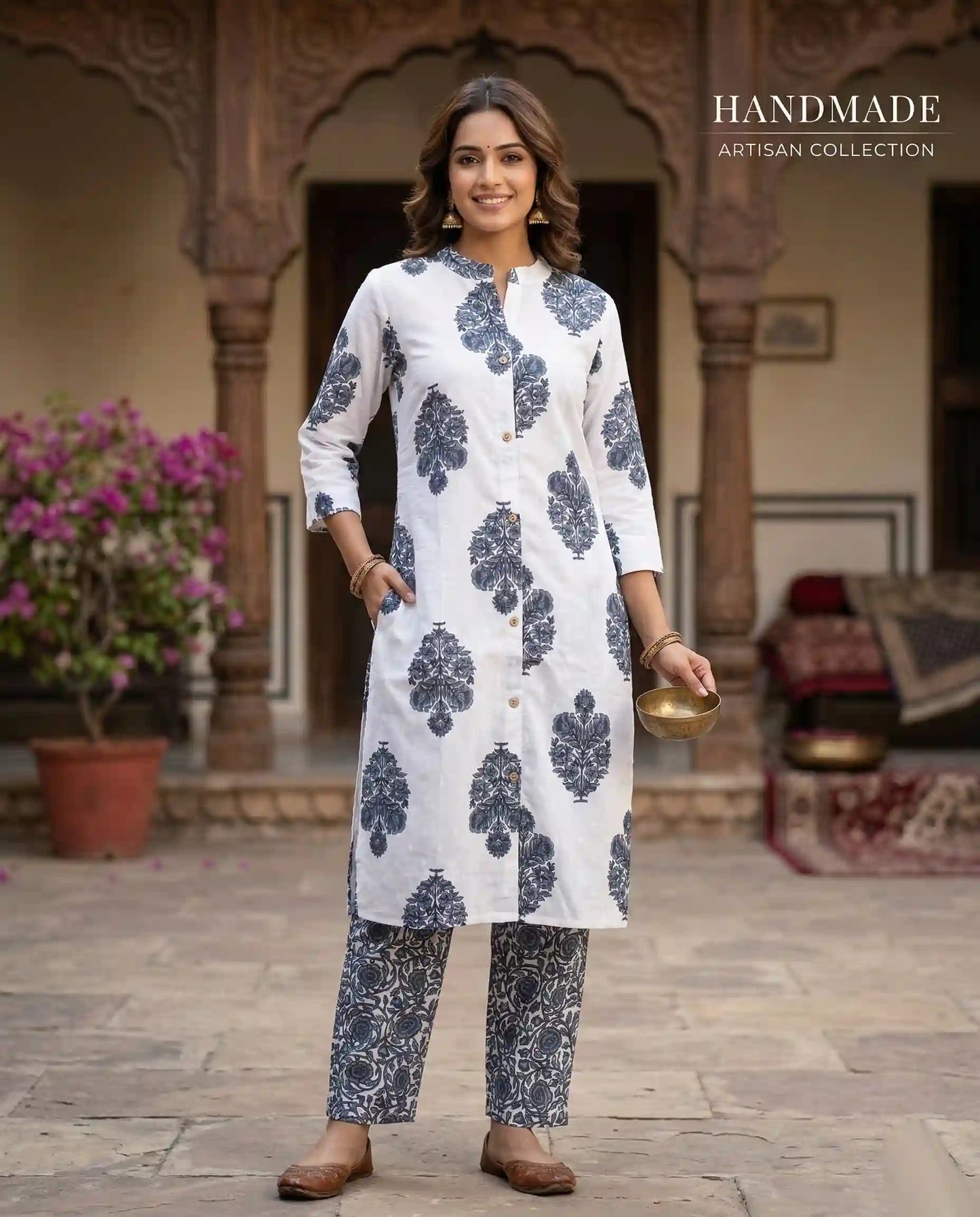 White & Black Floral Block Print Cotton Kurta Set