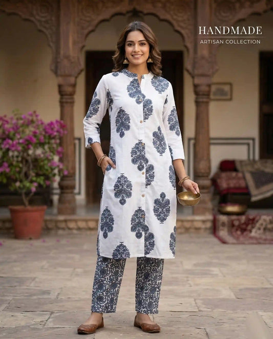 White & Black Floral Block Print Cotton Kurta Set