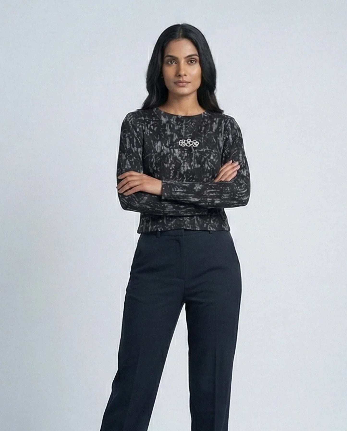 Aura Abstract black Monochrome Plissé Long Sleeve Crop Top