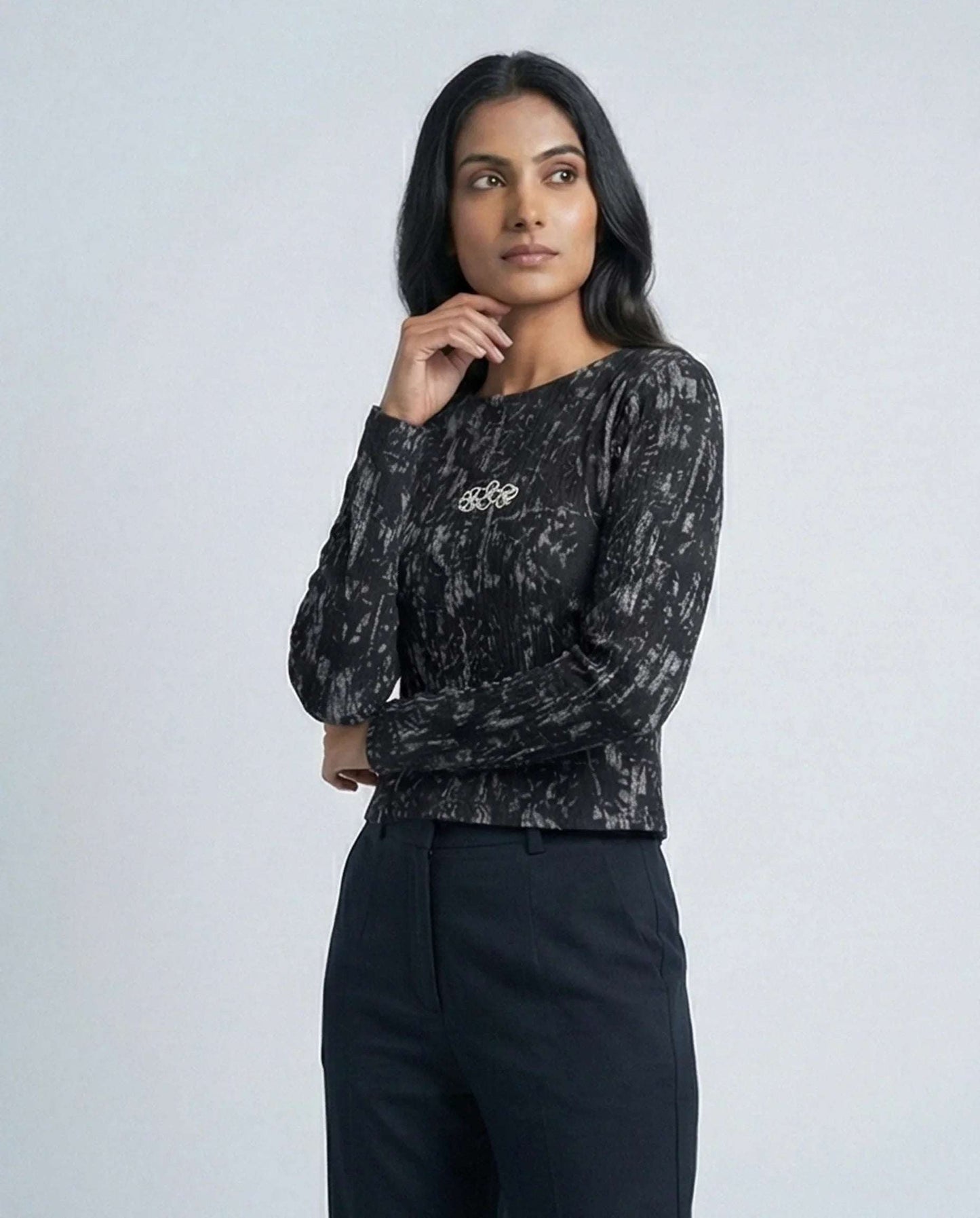 Aura Abstract black Monochrome Plissé Long Sleeve Crop Top