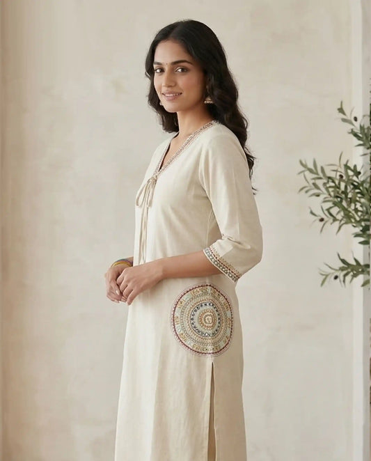 Beige Cotton mandala Kurti Set