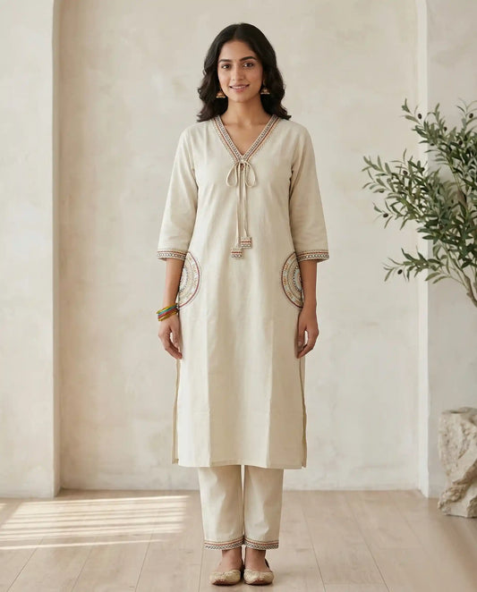 Beige Cotton mandala Kurti Set