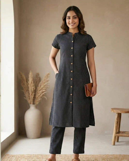 Charcoal Striped Cotton Kurti Set with Straight Pants - Short Sleeves