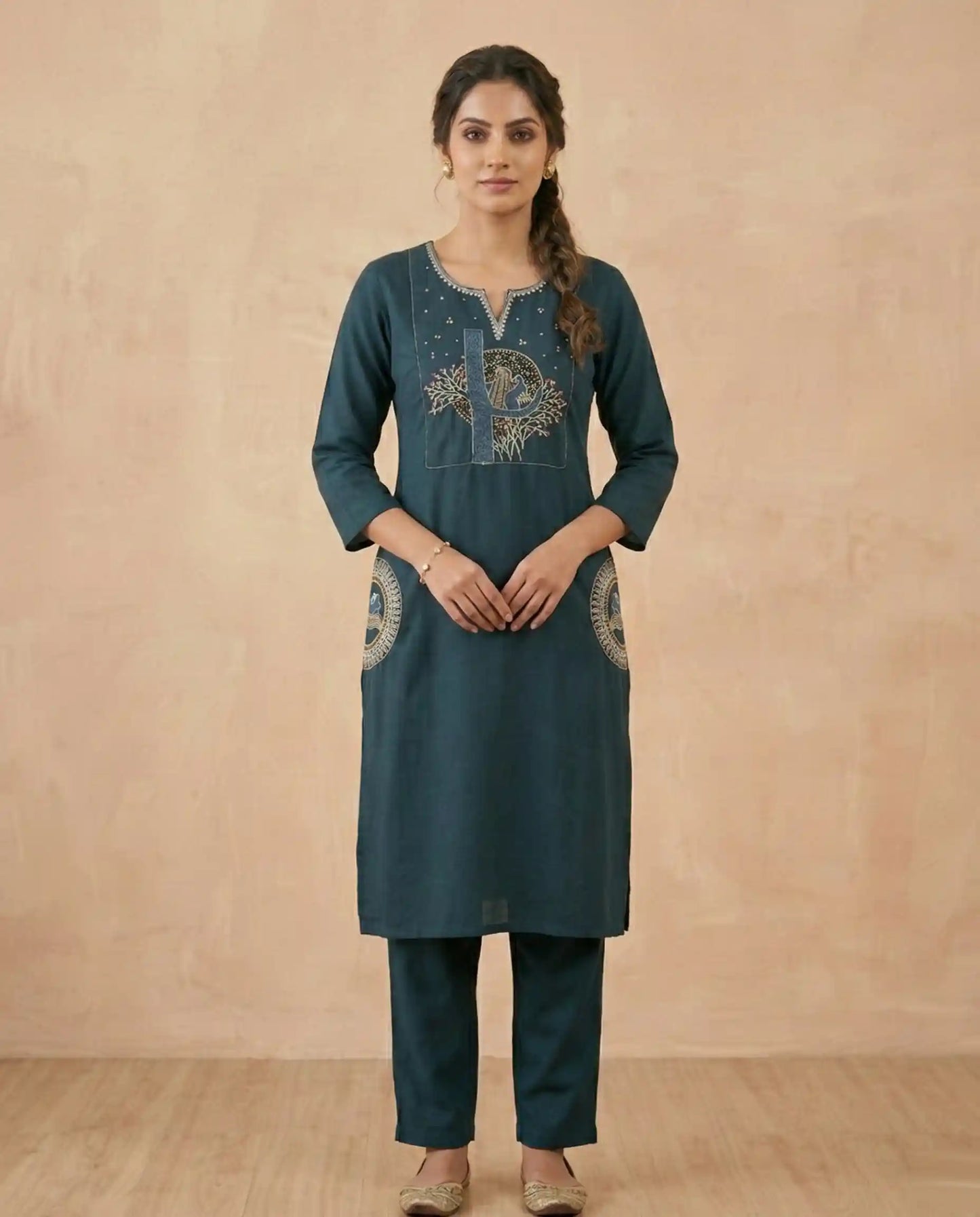 Dark Teal Tree Design Embroidered Kurta Set– Ethnic Folk Art Design
