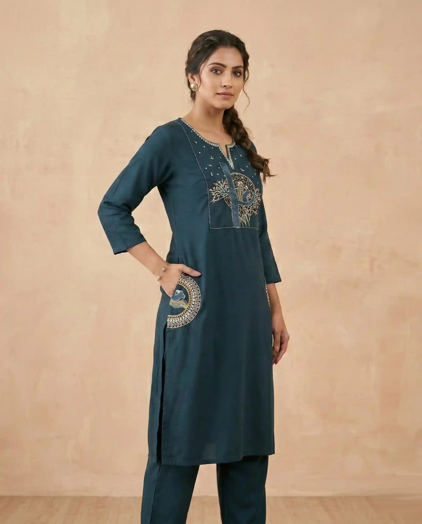 Dark Teal Tree Design Embroidered Kurta Set– Ethnic Folk Art Design