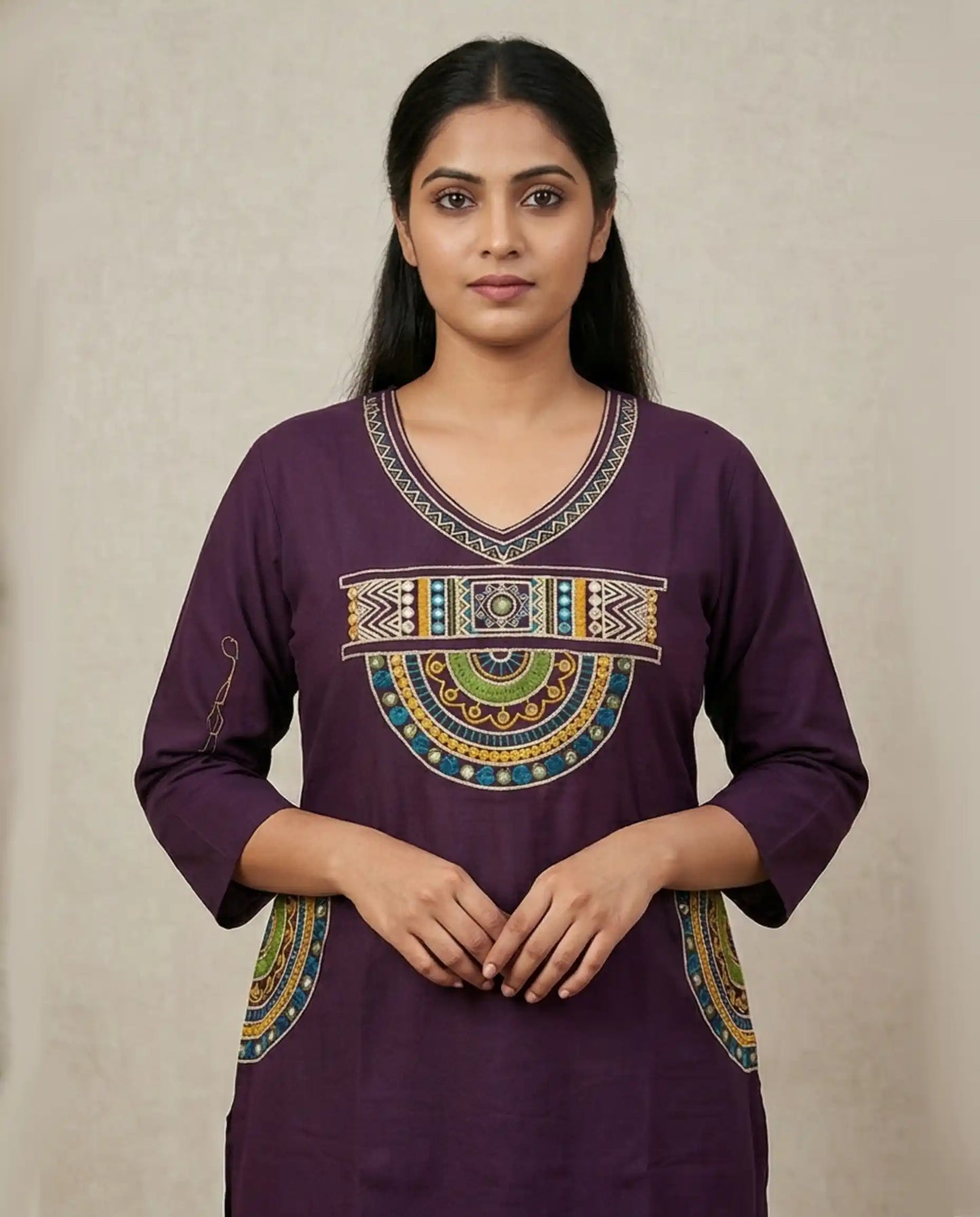 Women’s Deep Purple Cotton Kurta Set with Ethnic Mirror Work and Mandala Embroidery