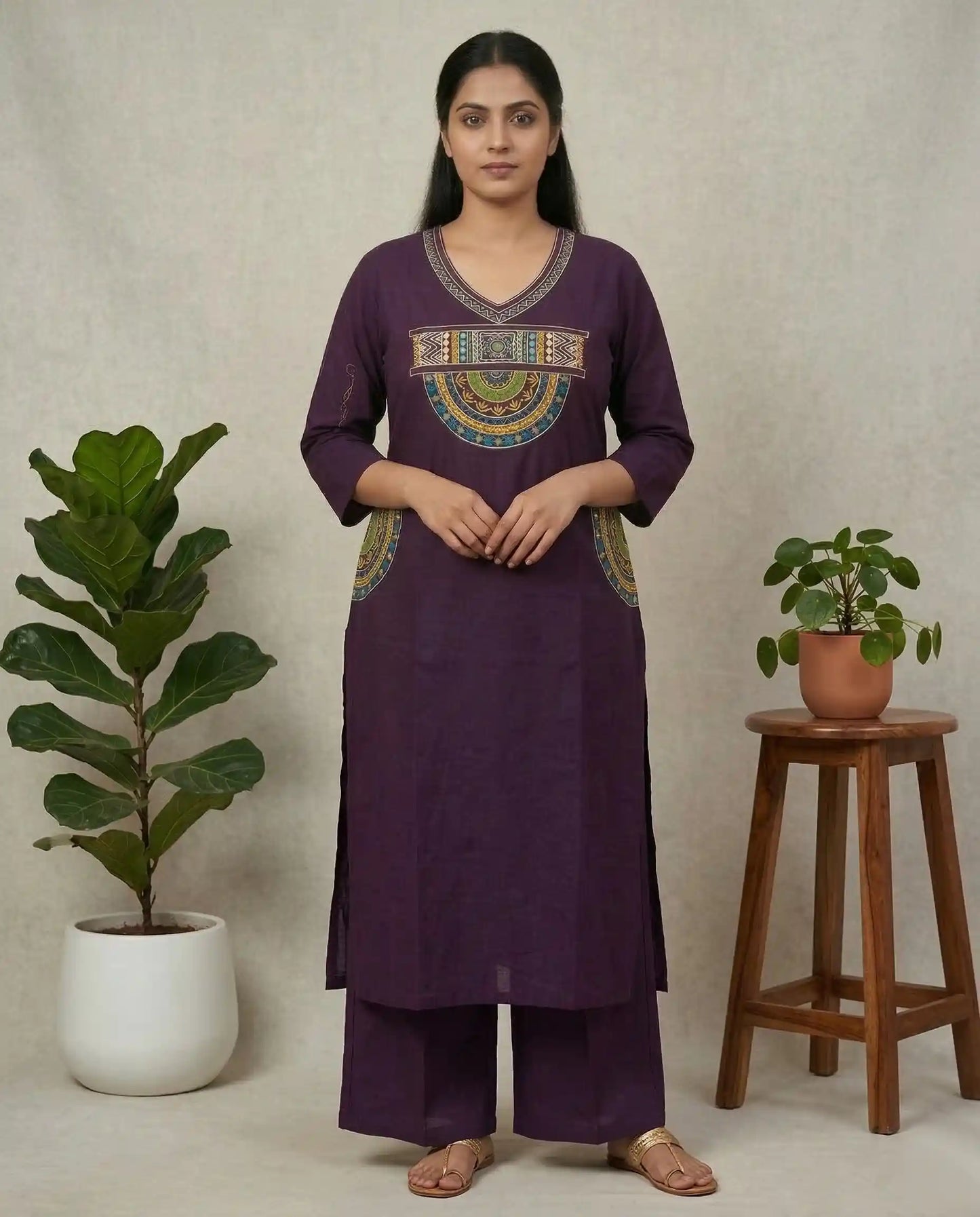 Women’s Deep Purple Cotton Kurta Set with Ethnic Mirror Work and Mandala Embroidery