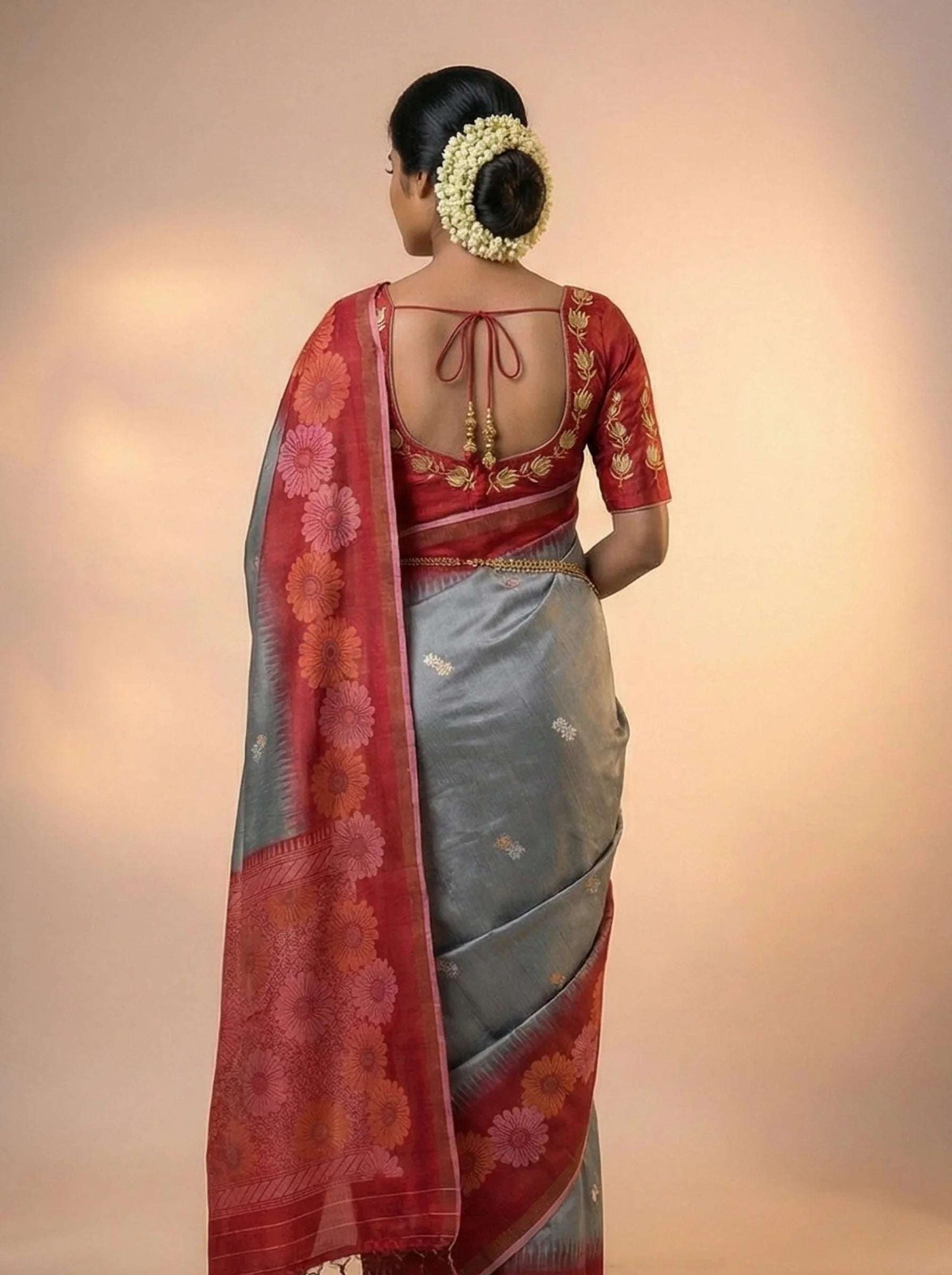 Elegant Grey Silk Saree with Crimson Floral Border and Patterned Red Blouse