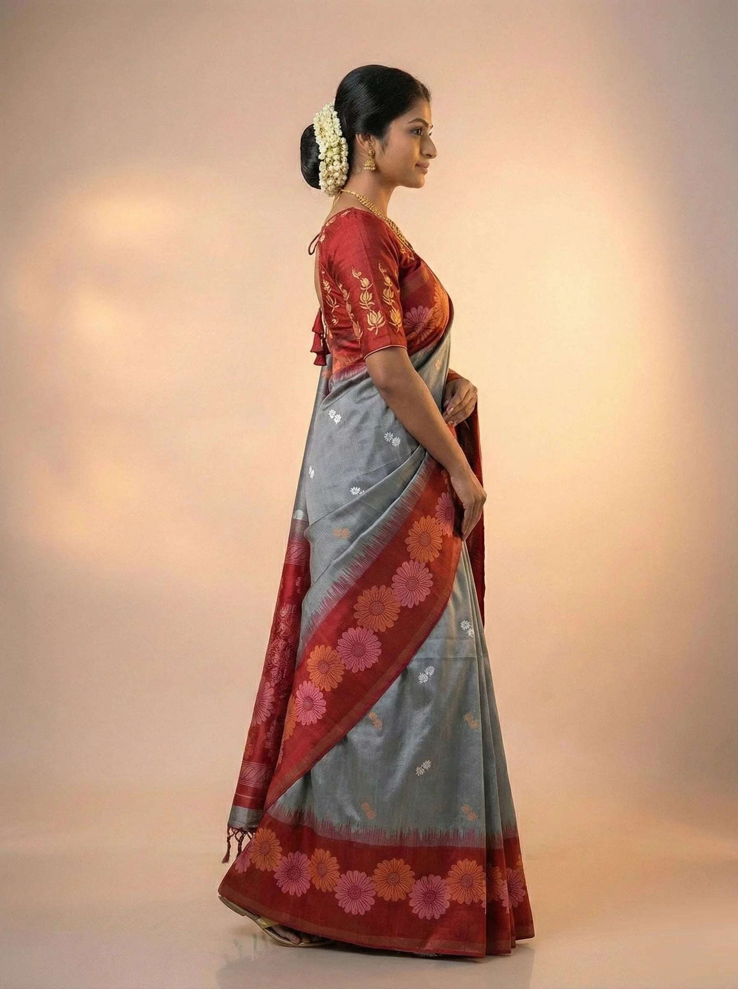 Elegant Grey Silk Saree with Crimson Floral Border and Patterned Red Blouse