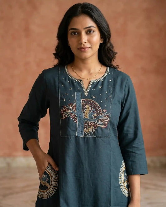 Dark Teal Tree Design Embroidered Kurta Set– Ethnic Folk Art Design
