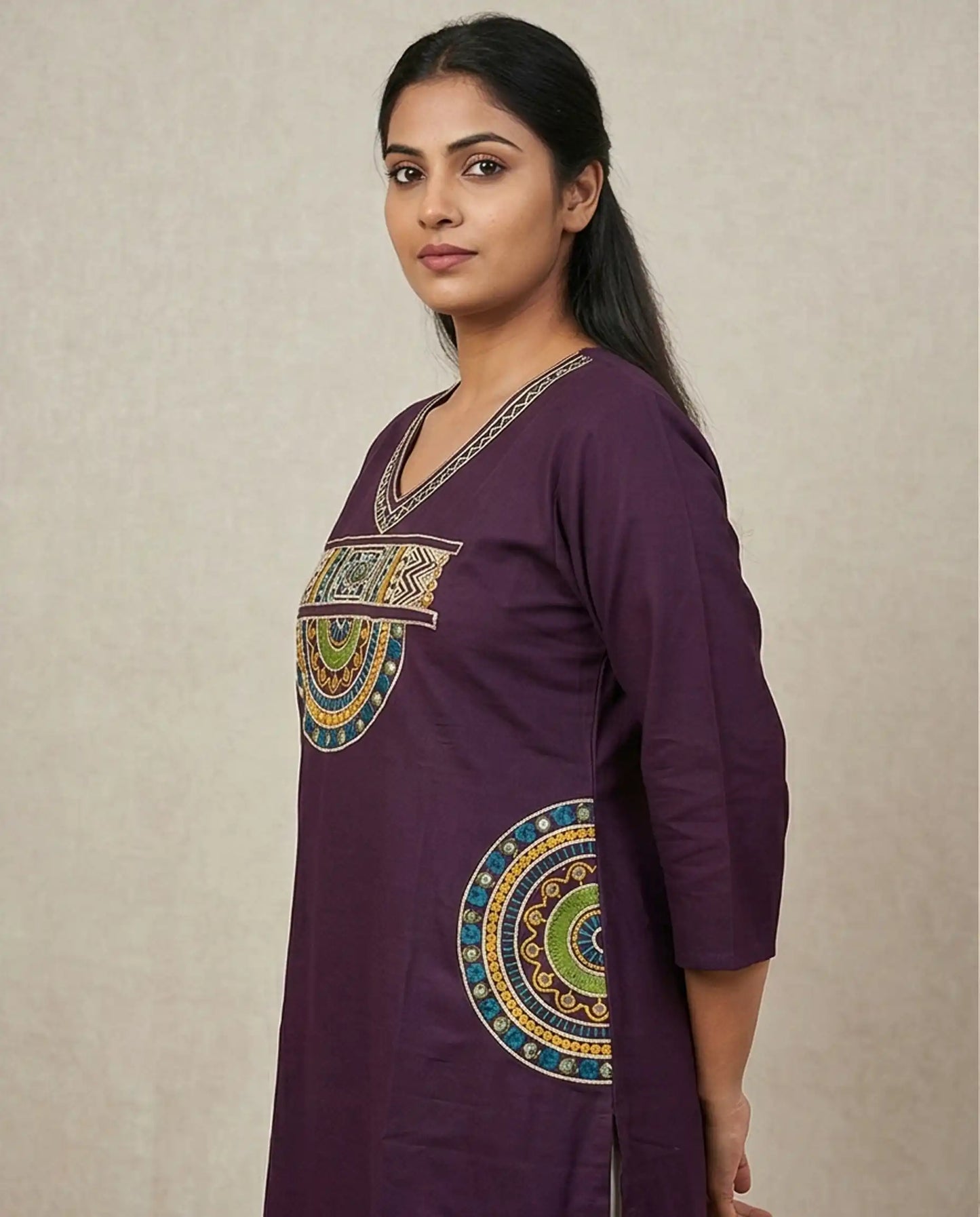 Women’s Deep Purple Cotton Kurta Set with Ethnic Mirror Work and Mandala Embroidery