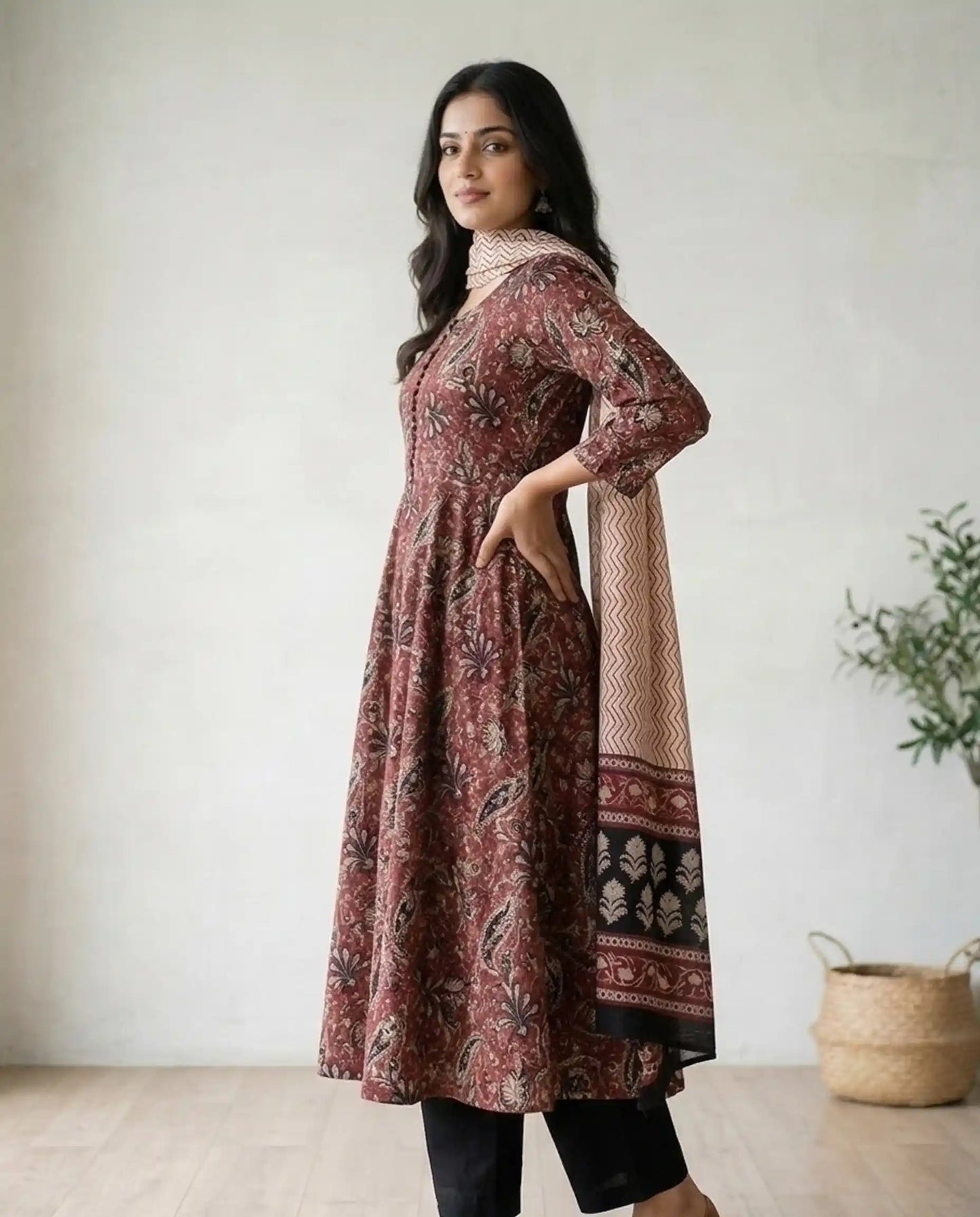 Maroon Paisley Print Anarkali Kurti Set