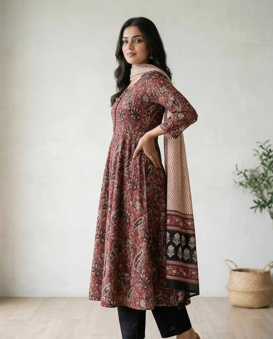 Maroon Paisley Print Anarkali Kurti Set