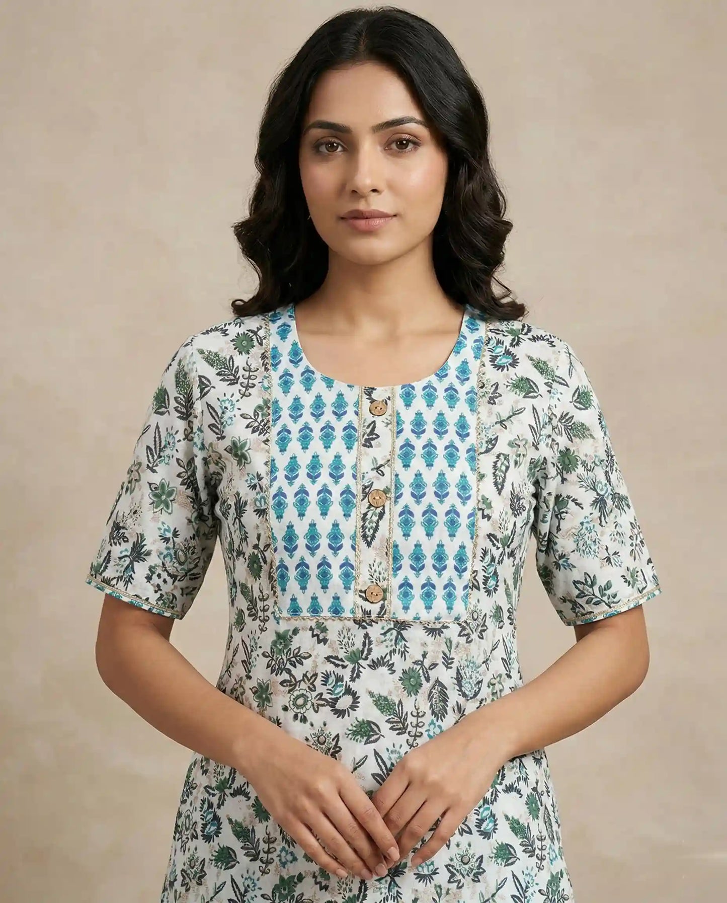 Floral Block Print Cotton Kurti  Set - White & Blue