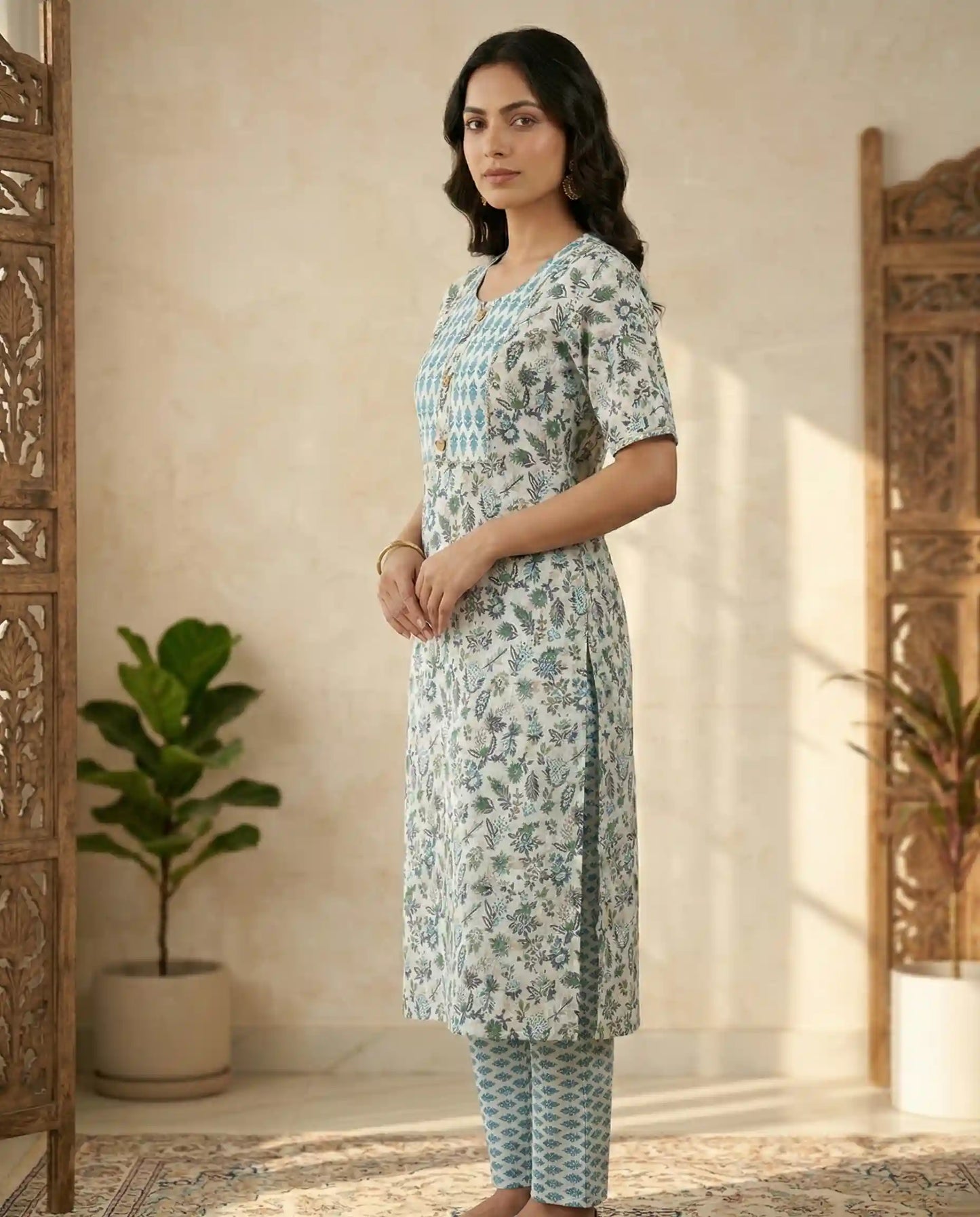 Floral Block Print Cotton Kurti  Set - White & Blue