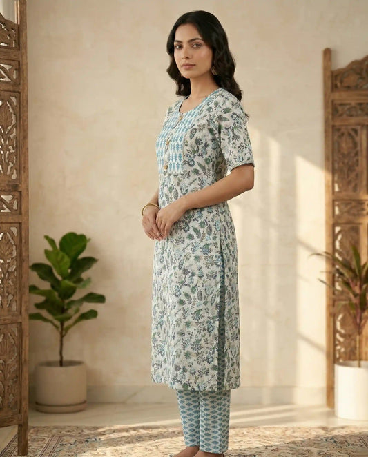 Floral Block Print Cotton Kurti  Set - White & Blue