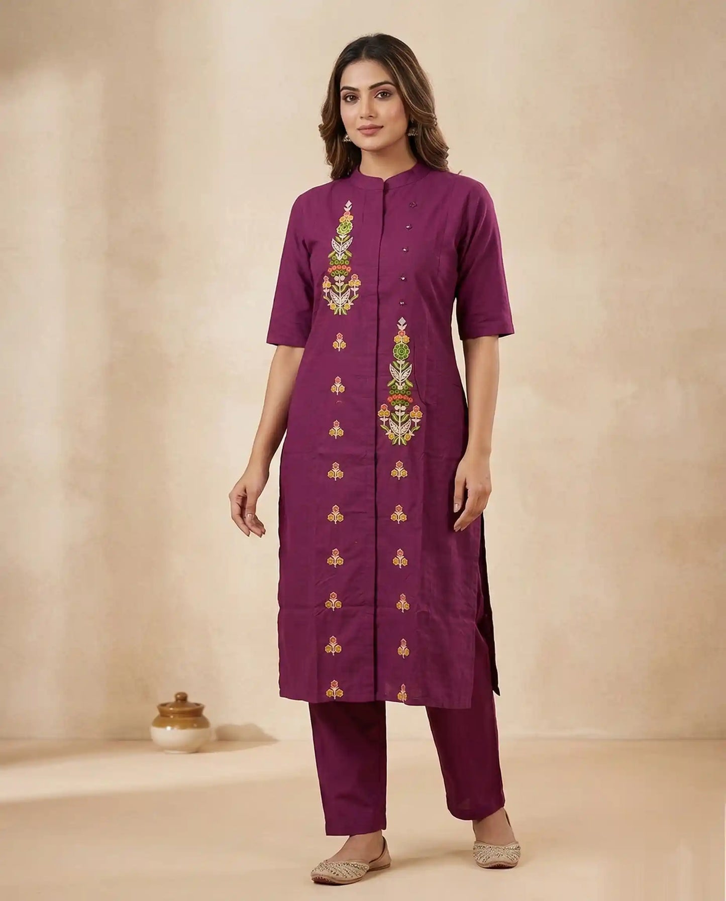 Grape Purple Embroidered Kurti Set