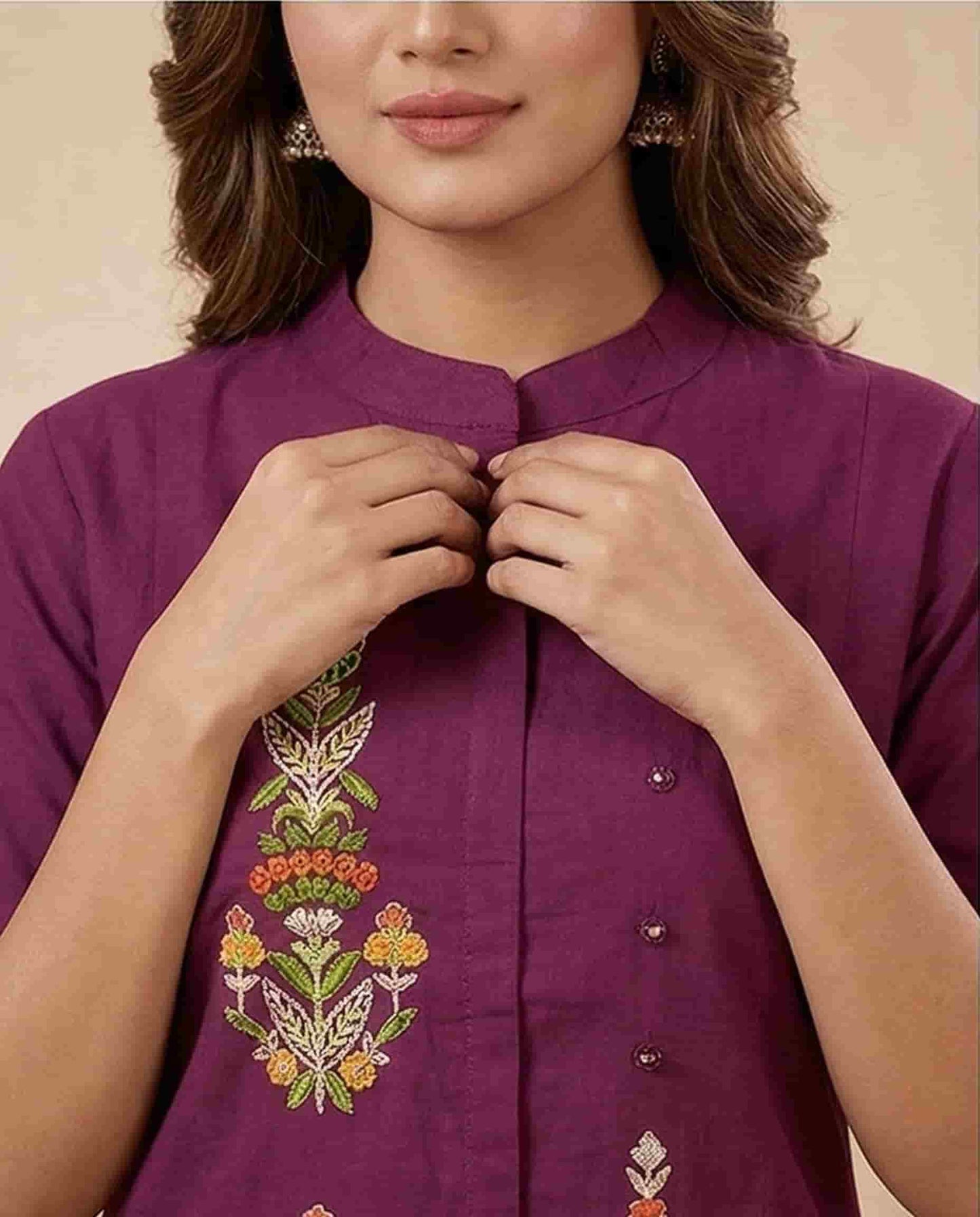 Grape Purple Embroidered Kurti Set