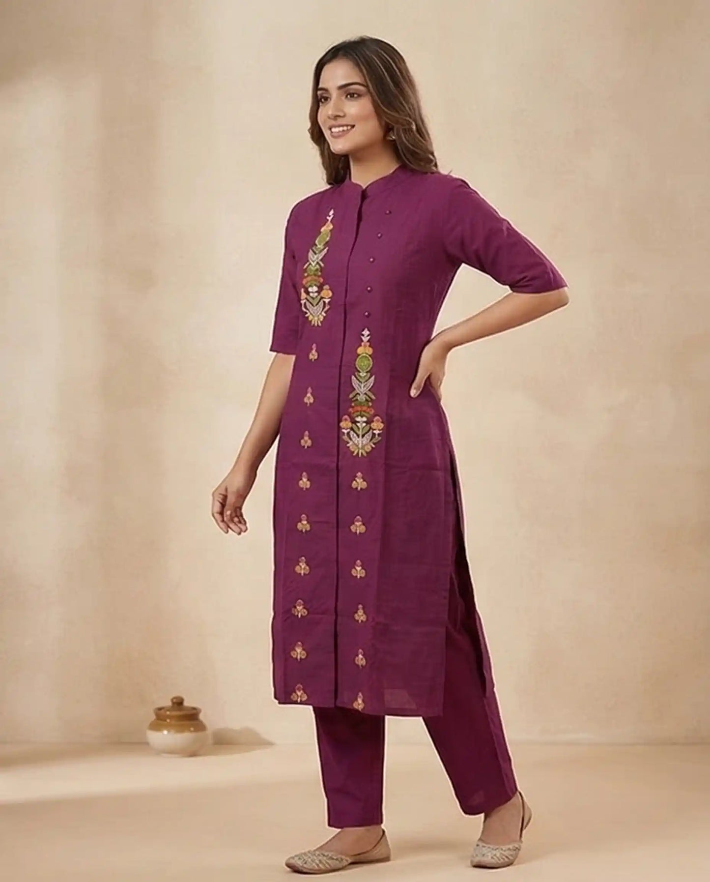 Grape Purple Embroidered Kurti Set