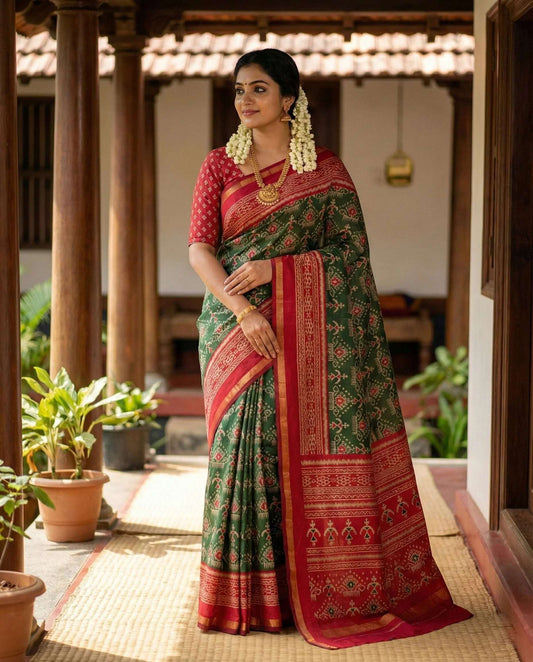 A beautiful model in a traditional Kerala setting wearing a Jodhpuri cotton saree. The saree features a deep forest green body with intricate cream and red tribal patterns, a broad crimson red border with golden zari lining, and a matching red blouse with a gold diamond print.