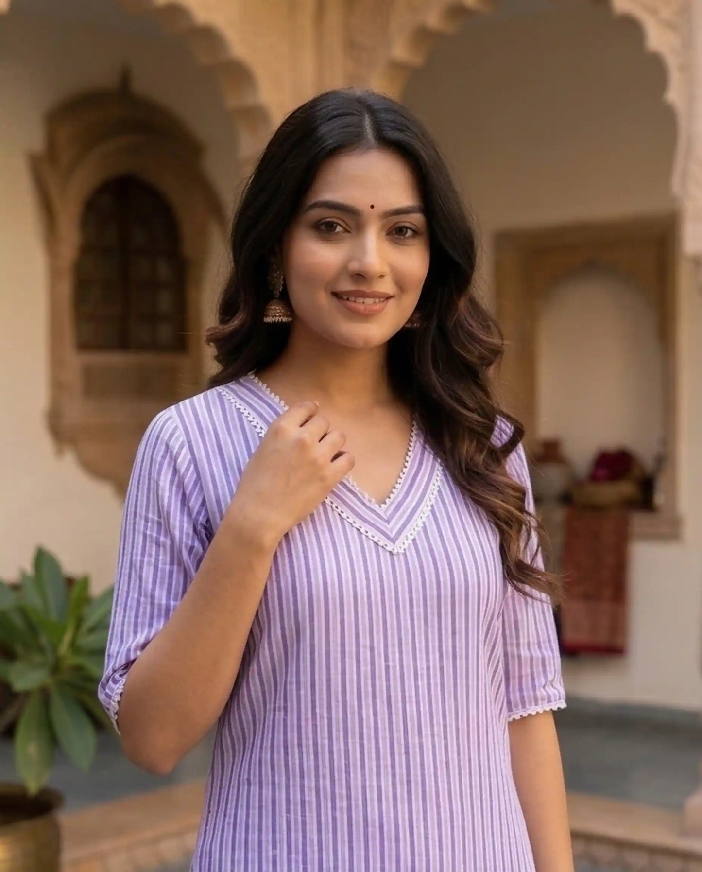 Lavender & White Striped Cotton Kurti Set with Lace Detail