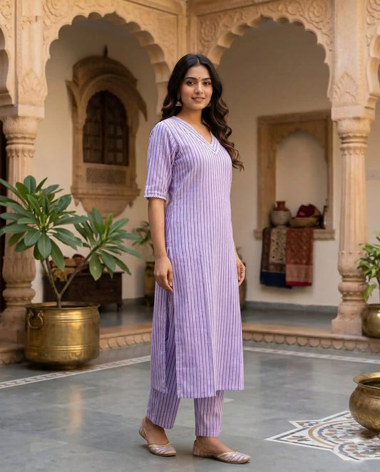 Lavender & White Striped Cotton Kurti Set with Lace Detail