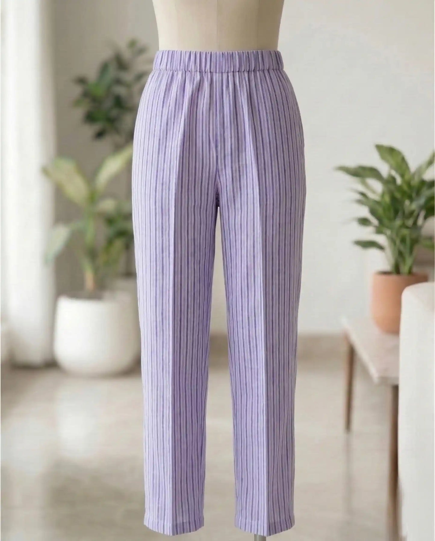 Lavender & White Striped Cotton Kurti Set with Lace Detail